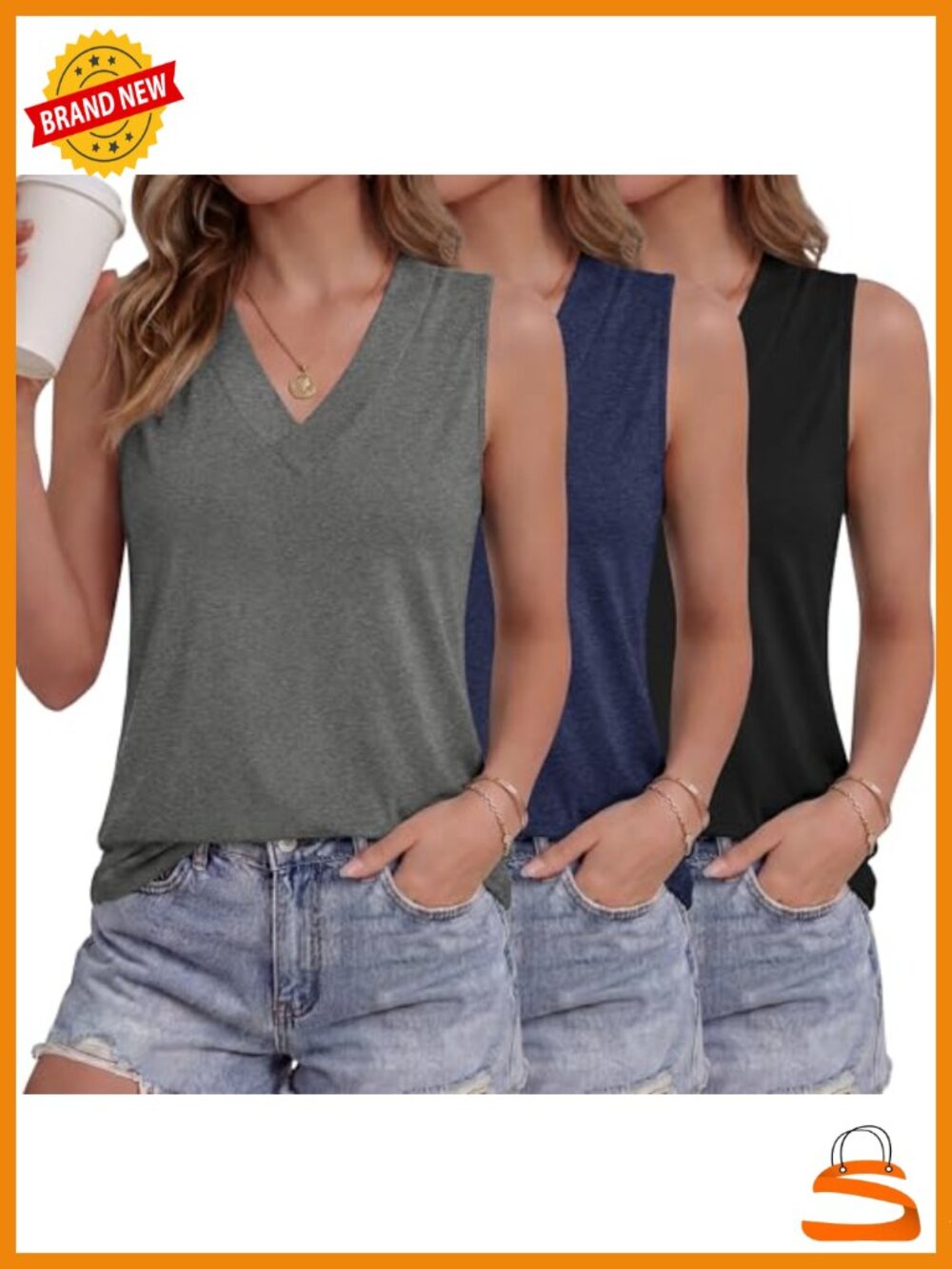 3 Pack Sleeveless V Neck Tank Tops for Women Summer Loose Fit Flowy Shirts